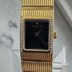 Movado Gold Tone Rectangular Diamond Accent Watch - Black Dial